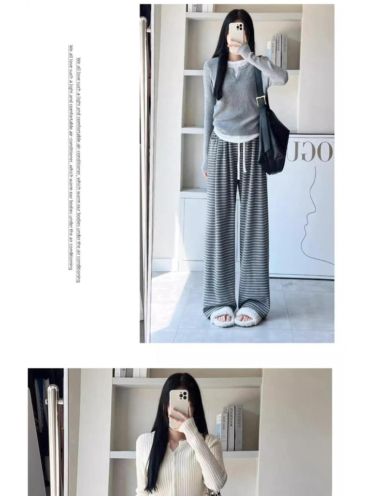 Women's High-Waisted Striped Drawstring Pants, Petite Size, Soft Wide-Leg, Perfect for Spring and Autumn