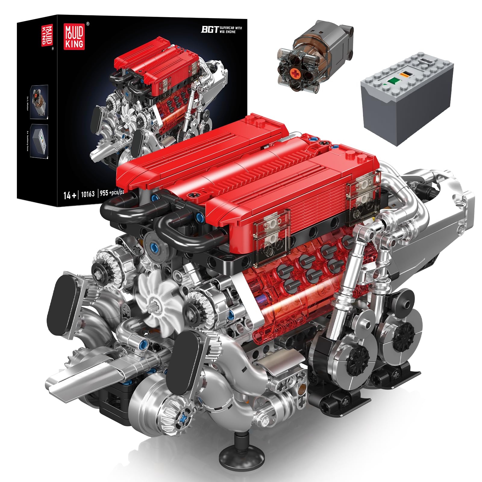 

Mould King 10163 MOC Technik (W 16) Two Closely Spaced V8 Engine Assembly Block Kits Including Four Turbochargers (955+) with Motor and Box Tech