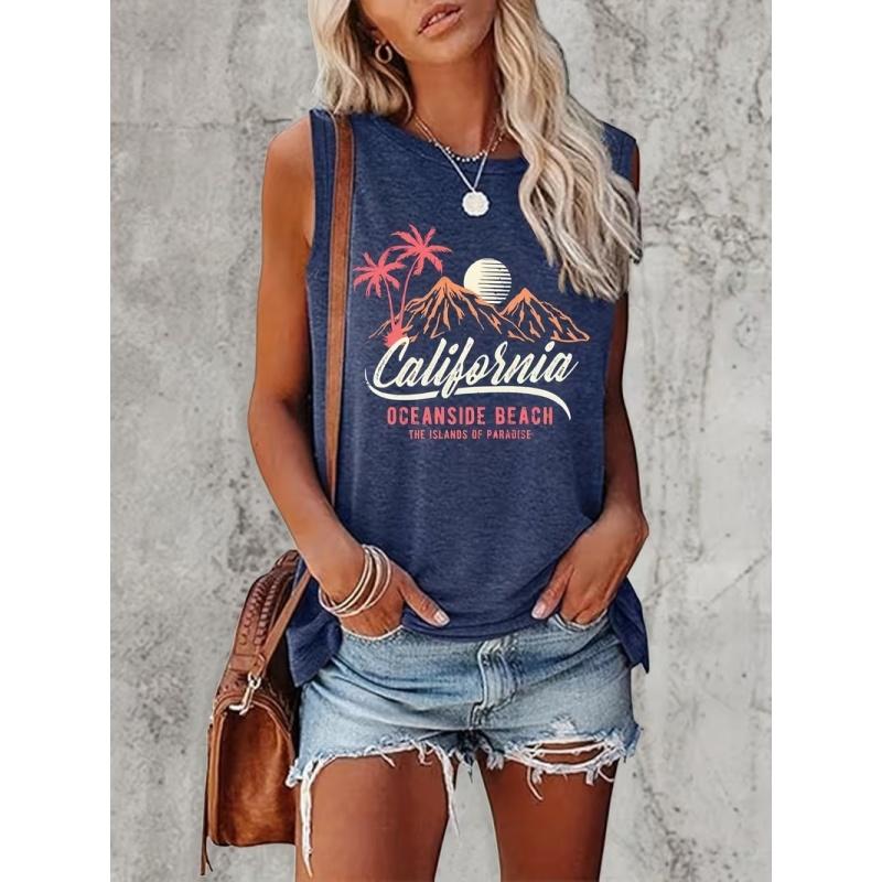 Women's Printed Tank Top T-shirt with Patterned Short Sleeves, Women's Sleeveless Round-neck T-shirt