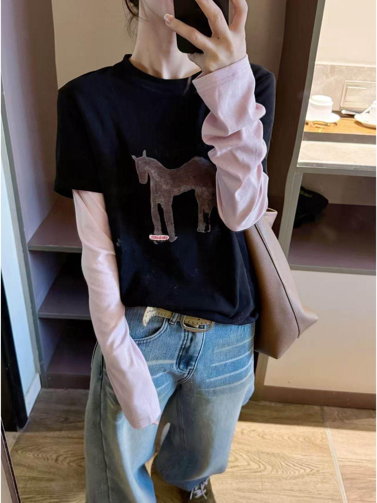 Great Deal: Pink Pony Pattern Fake Two-Piece Long-Sleeve T-Shirt – European Fashion Round Neck Base Layer M