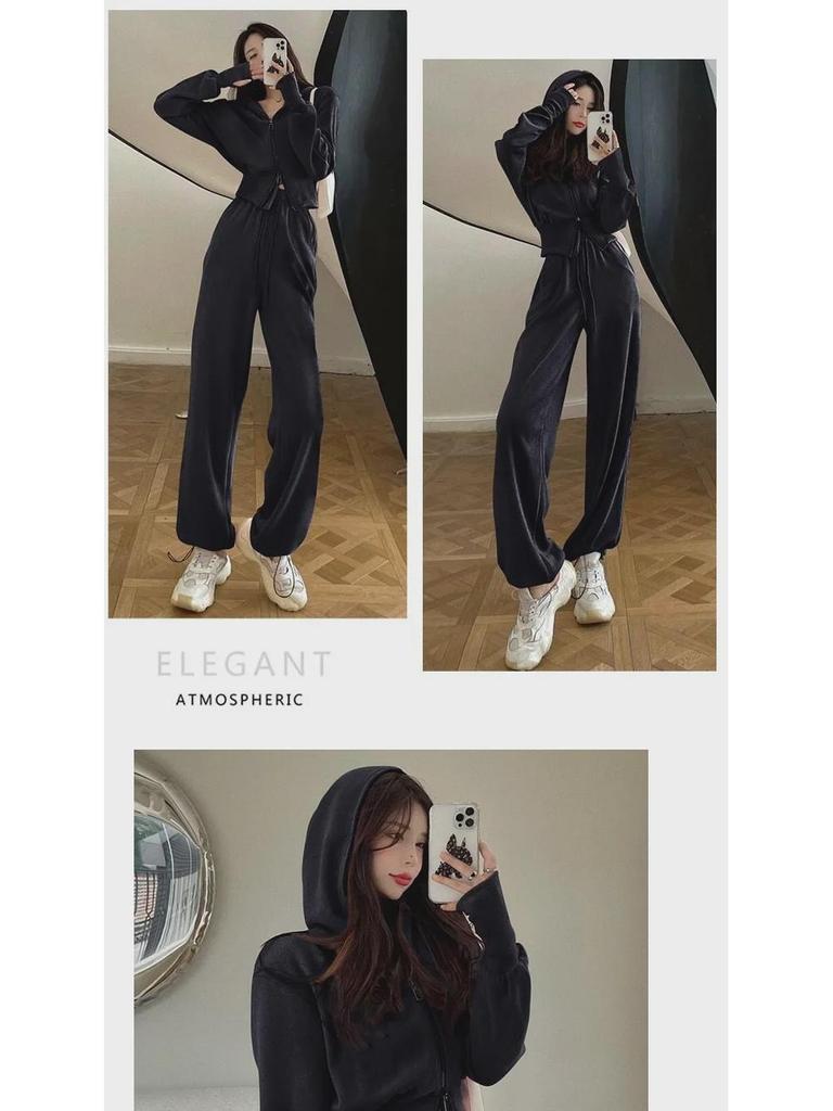 Completo Due Pezzi da Donna Cardigan con Zip Dimagrante e Pantaloni a Gamba Larga per Primavera e Autunno