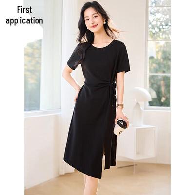Vestido Negro de Verano para Mujer de Manga Corta con Lazo en la Cintura