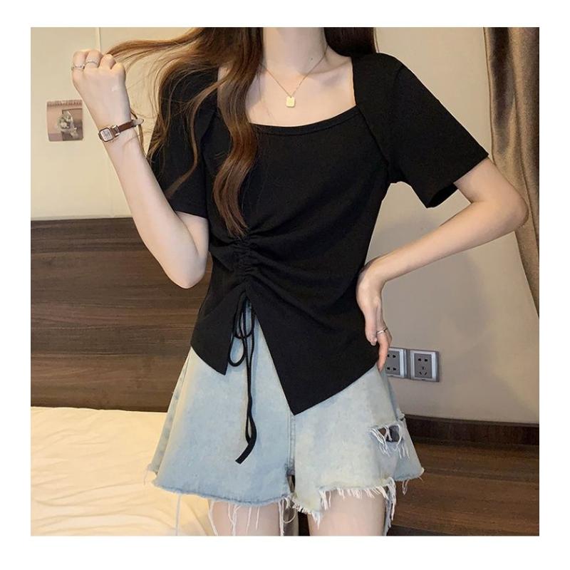 Pink Square Neck Short Sleeve T-shirt Pure Lust Spicy Girl Pleated Design Women Slim Top Casual Solid Color Korean Fashion