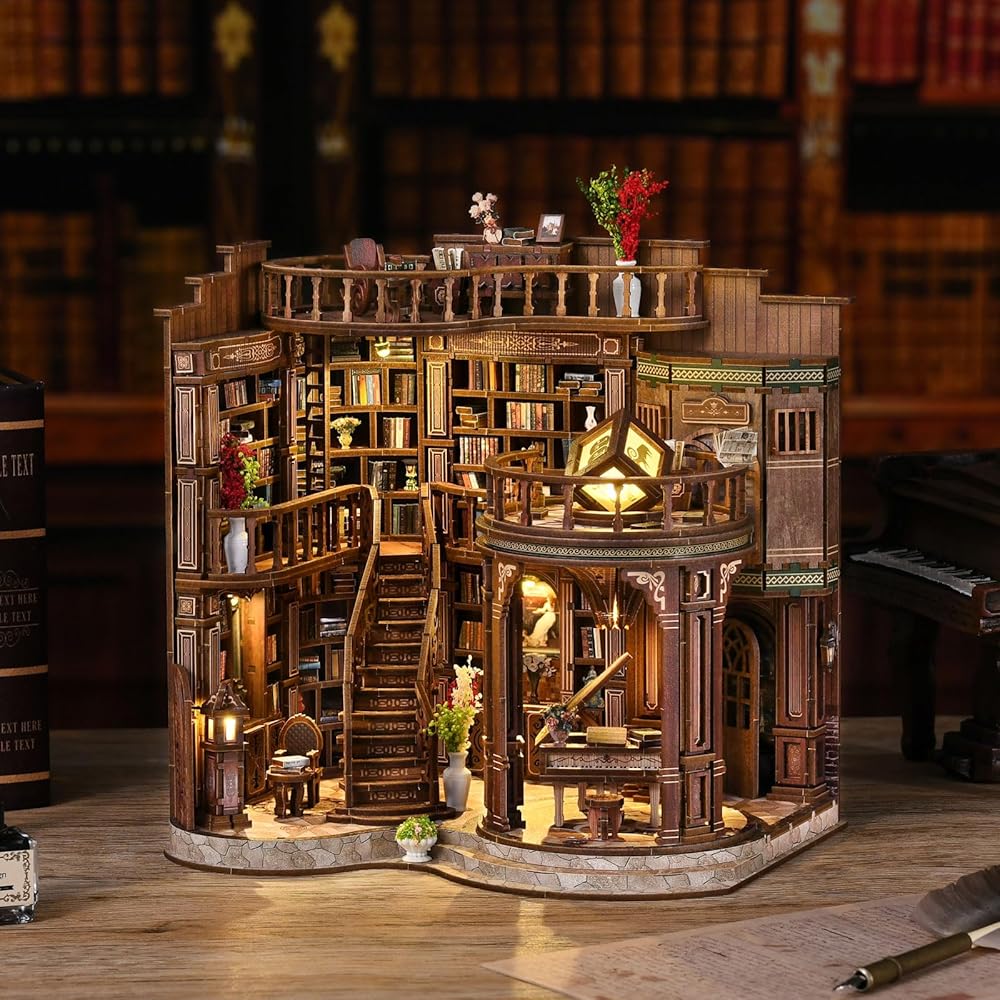 CRESYMME Miniature House Dollhouse Book Nook Kit Wooden DIY 3D Craft Classical Library
