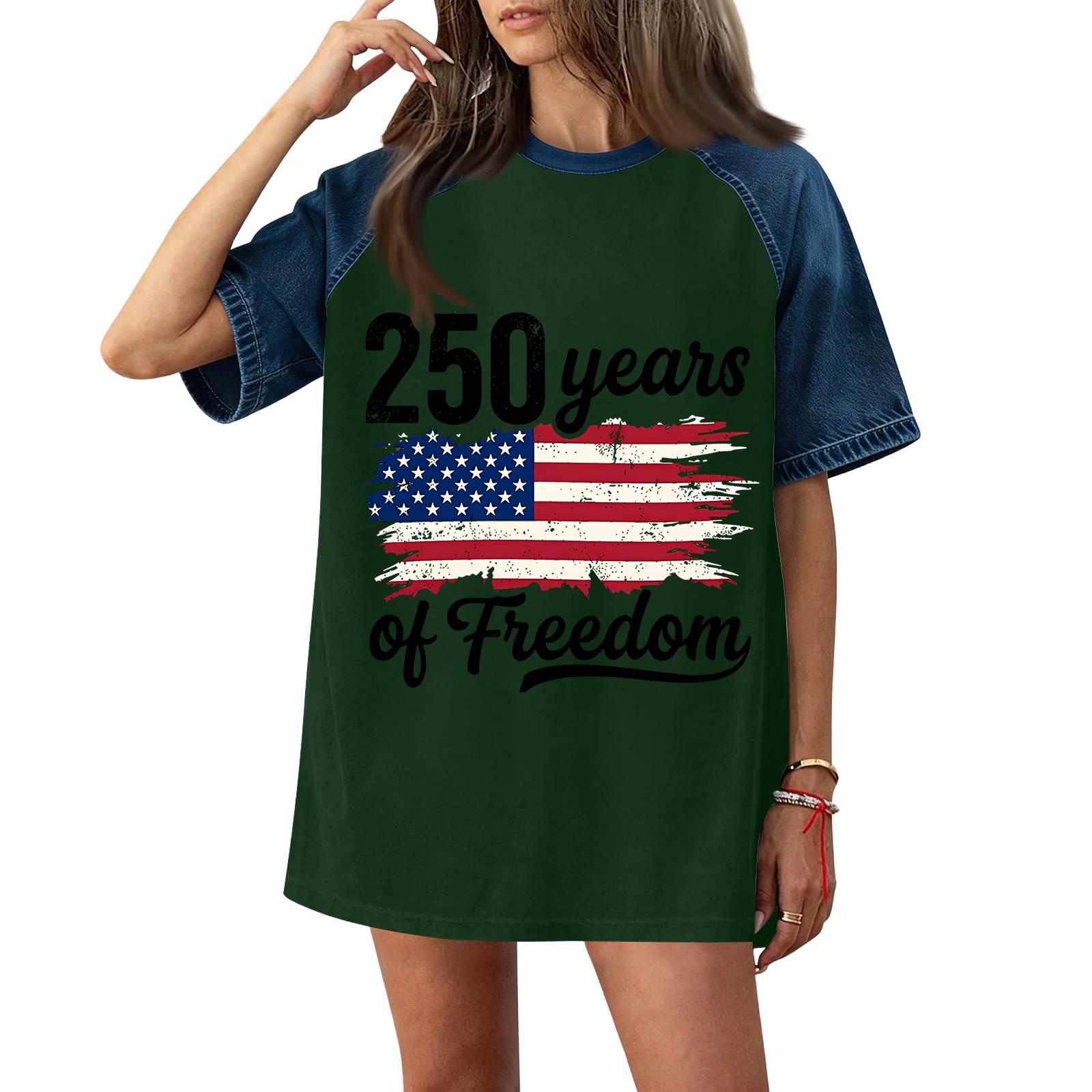 

Womens Casual Short Sleeve T Shirt Denim Top 250 Years Independence Day Flag Print Loose Fit Crewneck Tee XXXL