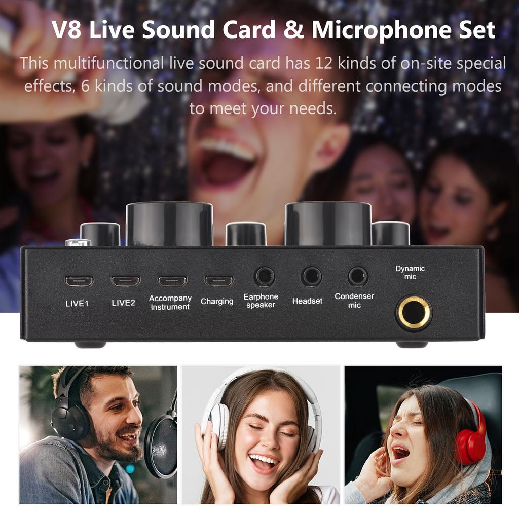 V8 External Live Sound Card Microphone Set Mini Sound Mixer Board for Live Streaming Karaoke Singing Music Recording with 12 Funny Sound Effects BT C