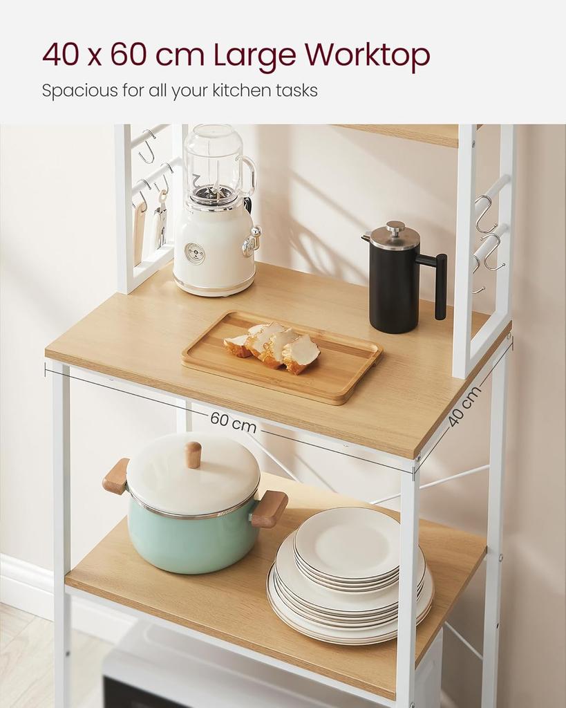 VASAGLE Scaffale da Cucina, Angolo Caffè, Scaffale da Panettiere, Totale 6 Ripiani e 6 Ganci, per Microonde, Struttura in Acciaio, Industriale, 40 x 60 x 167 cm