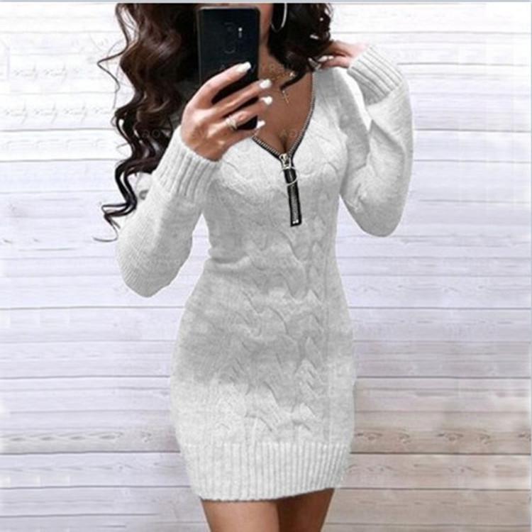 New Women's V-neck Zipper Knit Cardigan Sweater Dress
