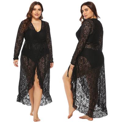 Copricostumi Lunghi Neri in Pizzo Sexy con Trasparenza da Donna Scollo Profondo a V Bordo Arricciato Irregolare Spalline Abito da Spiaggia Taglia Forte