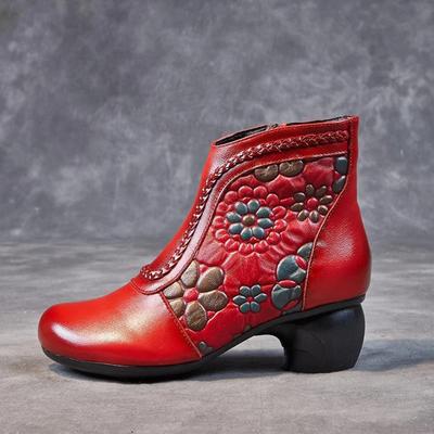 Mode 2024 Nieuwe Herfst Winter Echt Lederen Schoenen Dames Laarzen Ronde Neus Print Stiksel Rits Retro Vrije Tijd Platform Laarzen