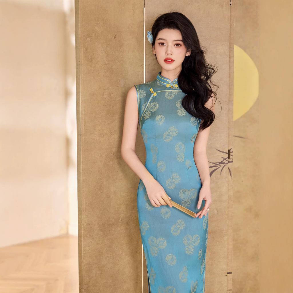 Blue improved cheongsam women's sleeveless young new Chinese style Republic of China style temperament satin dress 1011 new spring