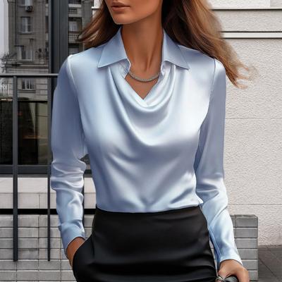 Women Shirt Lapel Swing Collar Long Sleeve Shirt Solid Color Smooth Satin Loose Fit Shirt Tops Daily Wear