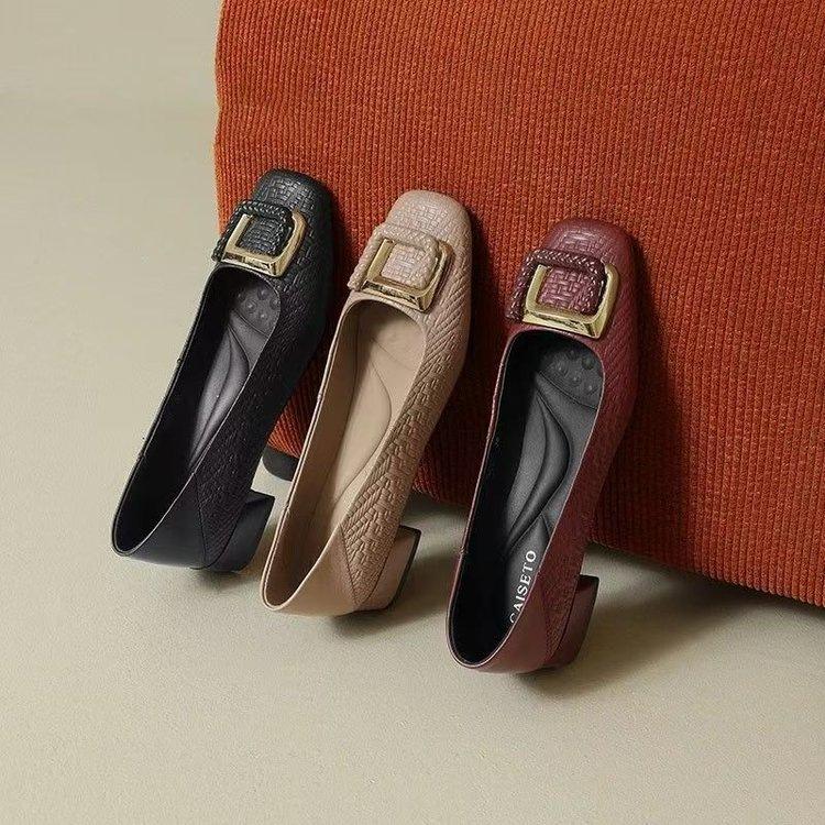 French Soft Leather Retro Shallow Mouth Single Shoes Autumn New Square Head Shoes Soft Sole Wear-resistant