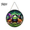 Front Door Hanging Sign Happy Halloween Sign, Retro Round Witch Hat Magic Cauldron Horror Fantasy Dark Theme Decor Wooden Welcome Pendant for
