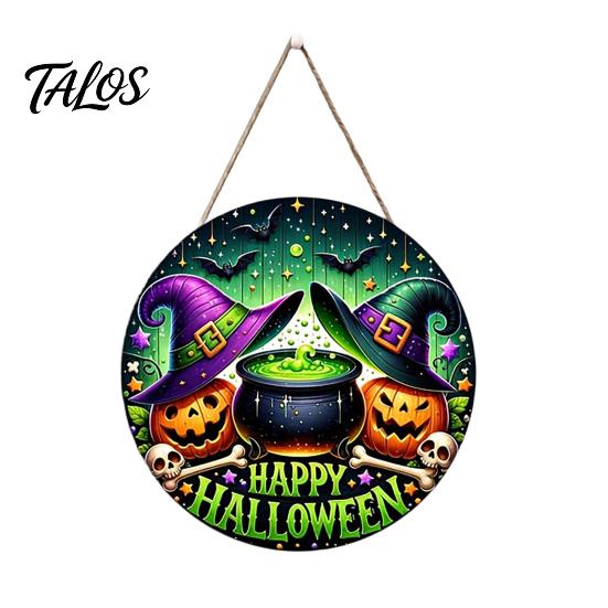 Front Door Hanging Sign Happy Halloween Sign, Retro Round Witch Hat Magic Cauldron Horror Fantasy Dark Theme Decor Wooden Welcome Pendant for