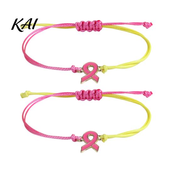 Health Care Theme Gifts 2 Pcs Breast Cancer Awareness Bracelets, Adjustable Braided String Soft Woven Rope Jewelry Bracelets with Ribbon Charm,