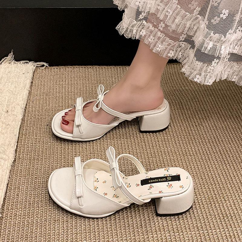One Word with Sandals Women's Summer New Thick Heel with Skirt Bow Wear High Heel Cool Slippers