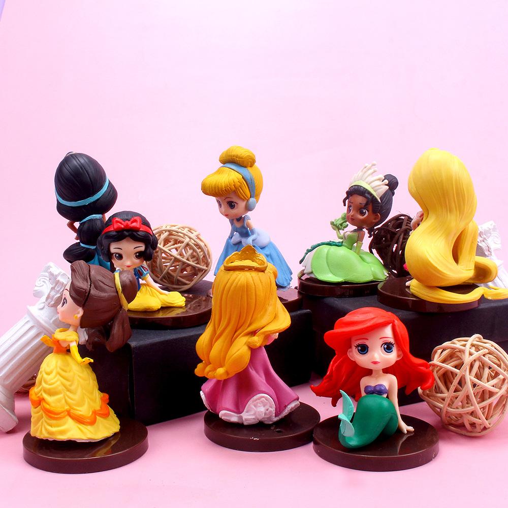 8pcs Cute Q Version Princess GK Model Kids Charm Toy Gifts The Little Mermaid Long Hair Princess Collectible Cartoon Doll