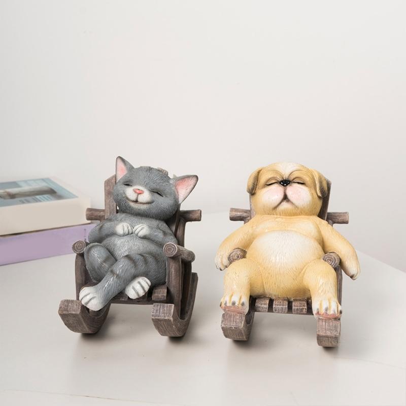 Resins Rocking Chair Cats Dog Figurine Cartoon Animal Miniature Statue for Home Office Tabletop and Shelves Decoration