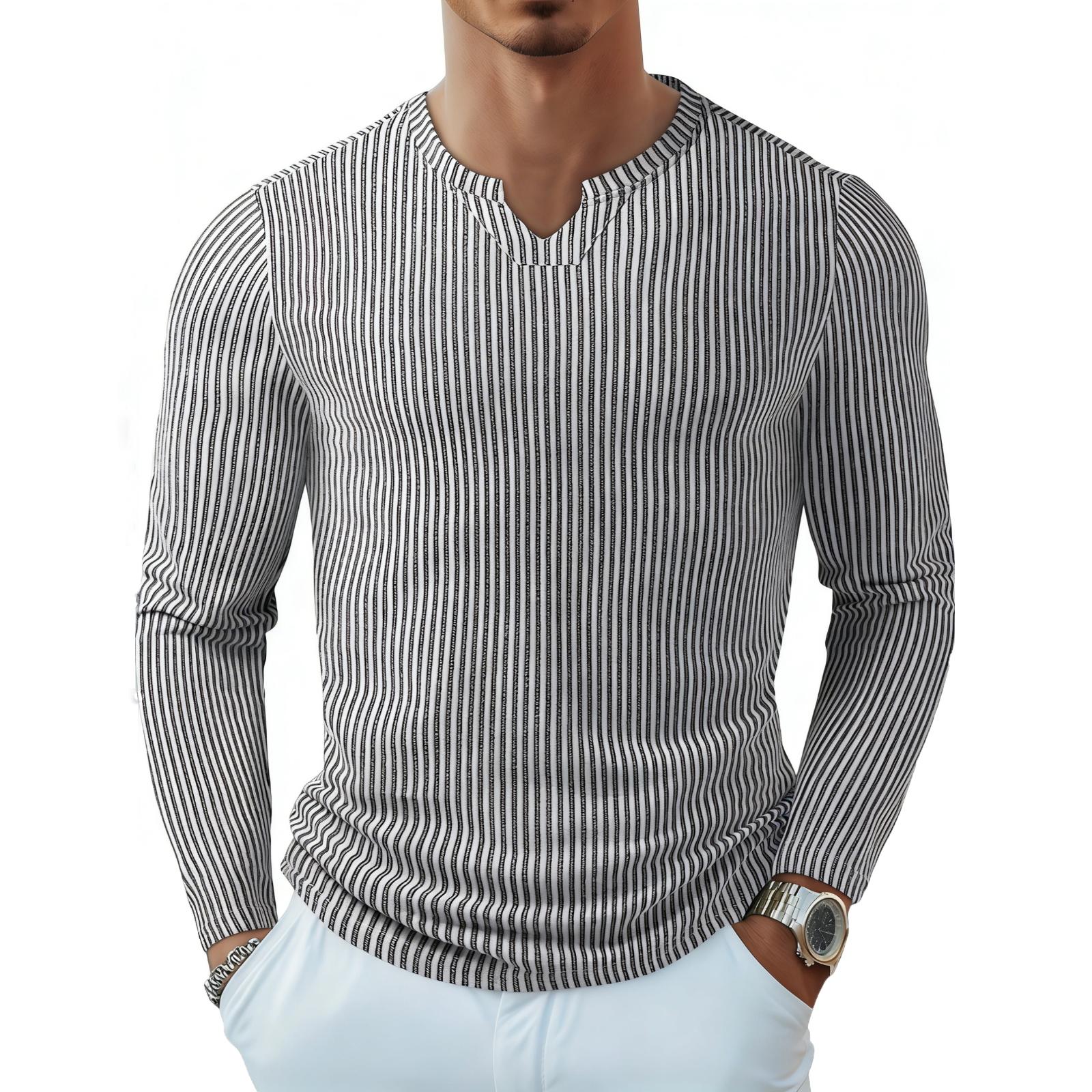 Men s Striped V,neck Slim Fit Long Sleeved Casual Outdoor Sports Top L
