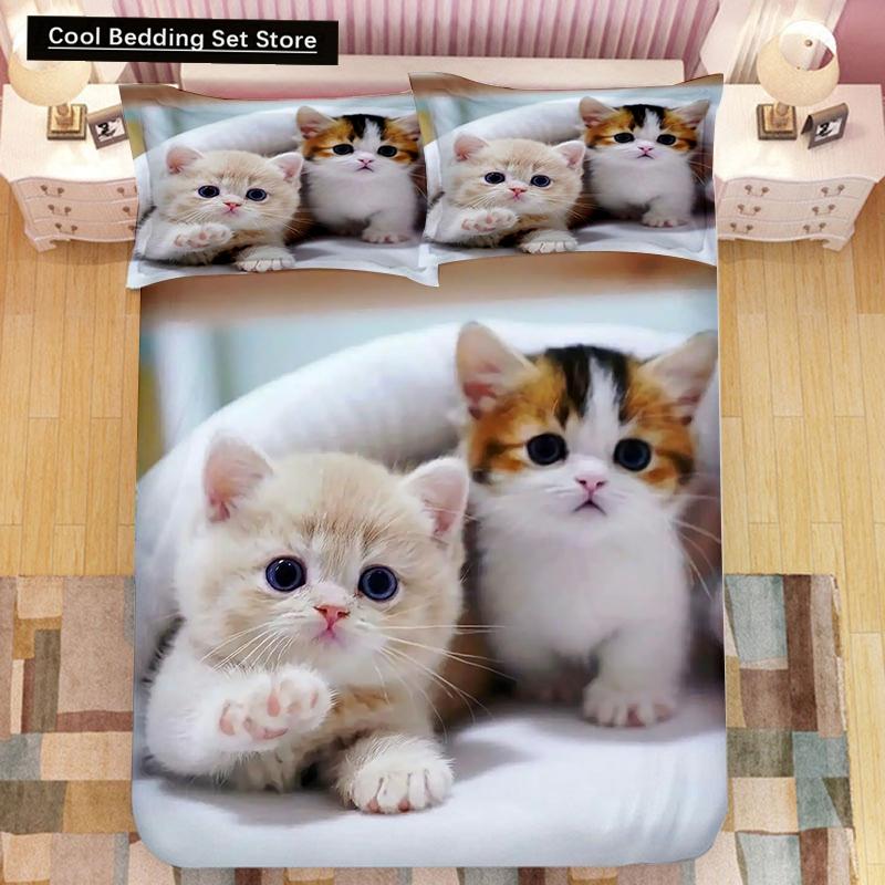 Super Cute Kitten Kids Bedding Set Kawaii Girl Quilt Cove King Queen Size Cat Animal 2/3pcs Polyester Duvet Cover (No Sheet)
