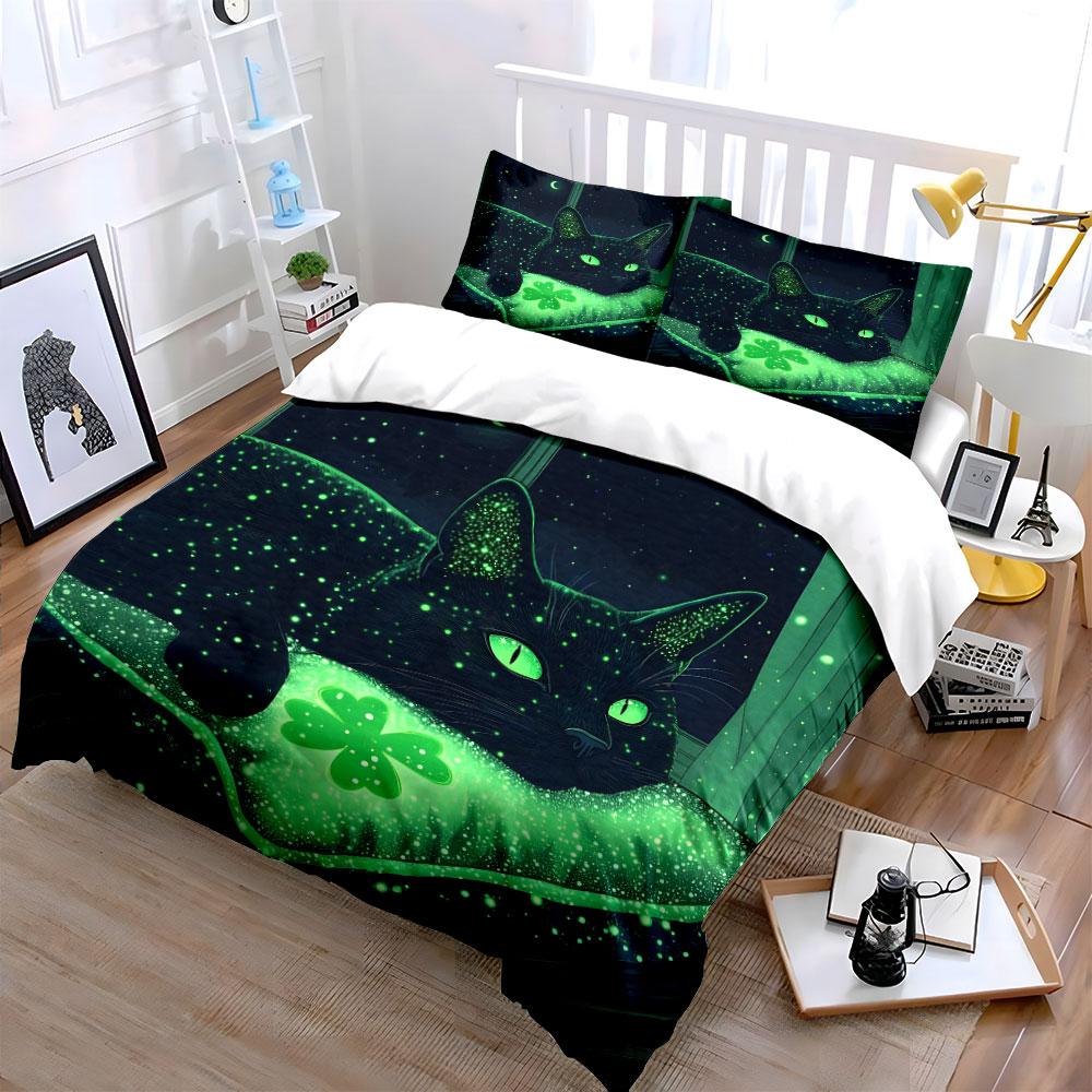 Glowing Black Cat with Clover Bedding Duvet Cover Set (1*Duvet Cover 2*Pillowcases, Without Duvet Insert)