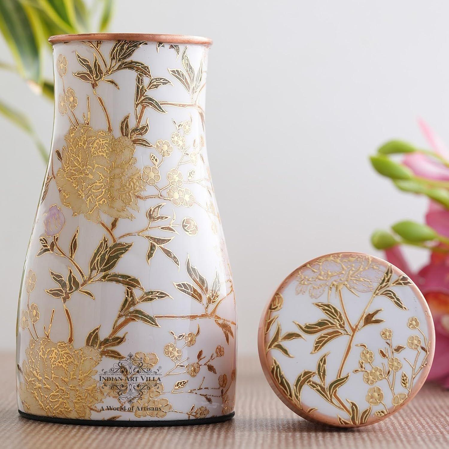 

Бутылка для спальни из чистой меди со встроенным стеклом - Цветочный дизайн, Посуда для напитков и сервировки, Идеально подходит для дома, офиса и в качестве подарка, Объем - 950 мл