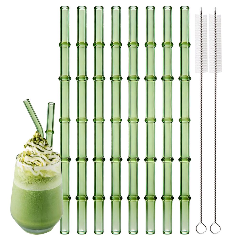 5/10Pcs Reusable Glass Straw with Brush Green Bamboo-shaped Straws Set Suitable for Milkshakes Juices Coffee Bar Accessories