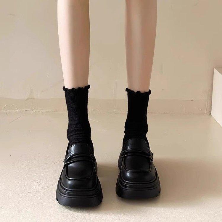 Damskor Svarta Franska Loafers med Tjock Klack i Läder - Våren 2025 Brittisk Stil, Slip-On