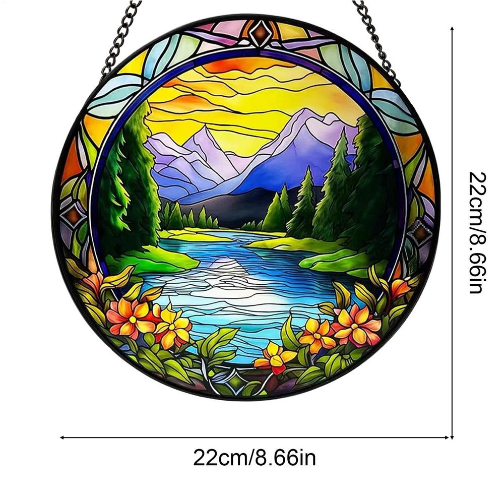 Stained Glass Sun Catcher 8.66 Inch Colorful Round Acrylic Window Hanging with Metal Chain for Study Bedroom Living Room Decor