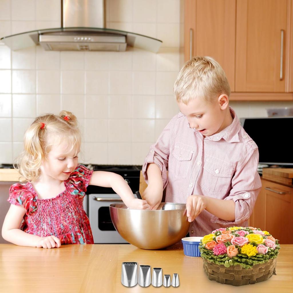 5Pcs Basketweave Piping Tip Set,Stainless Steel Half Row Braided Flower Mouth Nozzles with 10Pcs Disposable Piping Bags,Braided Decorating Tube