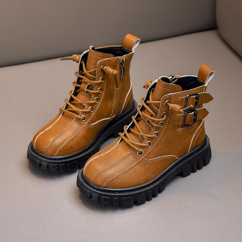 Boys' Fleece Cotton Boots Children's Non-slip British Style Cowhide Ankle Boots