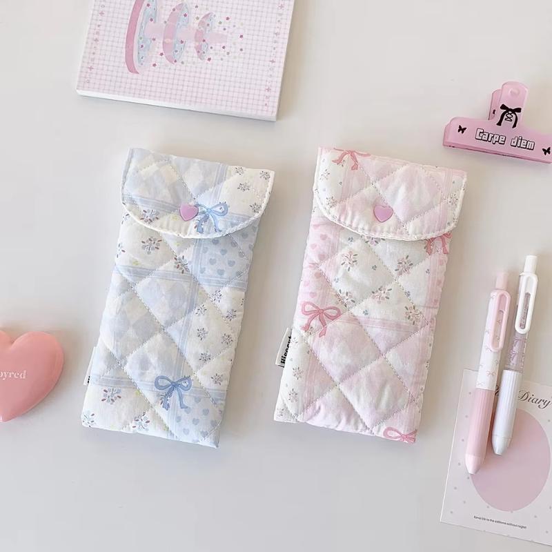 1Pc Fashion Floral Bow Snap Pen Bag Student Stationery Girl Portable Glasses Storage Bag Large Capacity Travel Makeup Bag Gifts