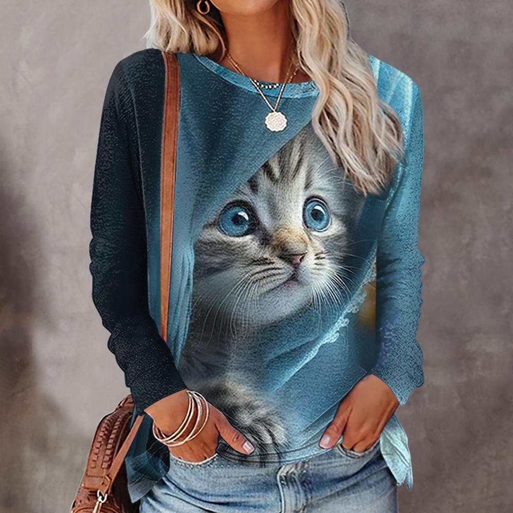 Women's Long Sleeve T-Shirt Cute Cat Fall 3D Print Women Tops Casual Crew Neck Pullover Oversized Clothing Outdoor T Shirts