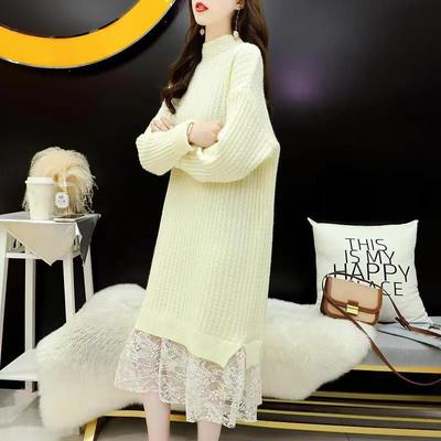 Pullover Sweater Female Lace French Half High Neck Sweater Knit Fake Two-piece Dress Long Sleeve Sweater Pullover Women Dress