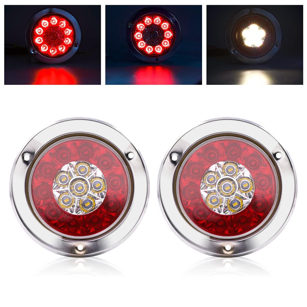 X-STYLE Trailer Tail Lights, 12V/24V, 2-Color Red and White, 16 LEDs, Universal Turn Signals for Trucks, Round, Set of 2 (Red + Yellow)
