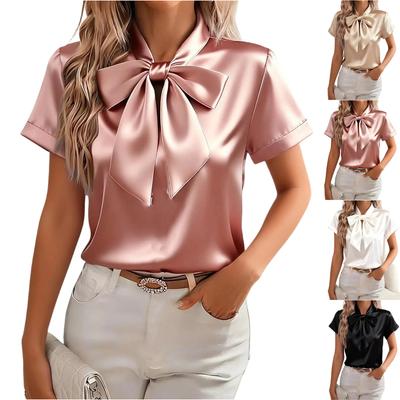 Camiseta Pulóver de Moda para Mujer con Cuello Redondo, Mangas Cortas y Lazo