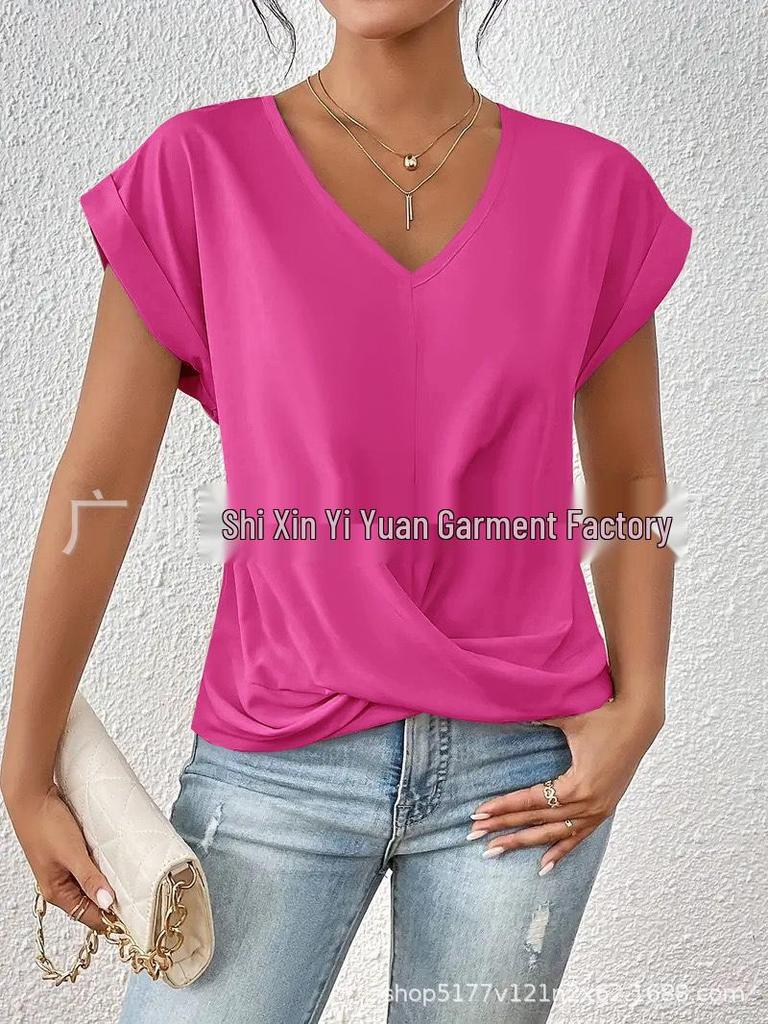 2026 Bestseller Women's Solid V-neck Short-Sleeve T-shirt - Elegant Spring/Summer Top