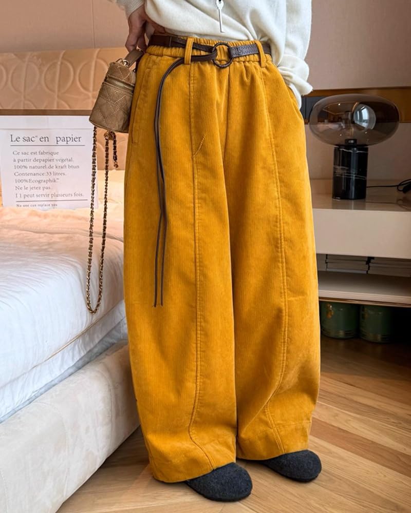 LUJPOIR Corduroy Perfect for Fall and Winter Solid Loose Casual Bottoms Women's Wide-leg Pants, Commuting, Warm, Thick, Belted, Color, Flattering,
