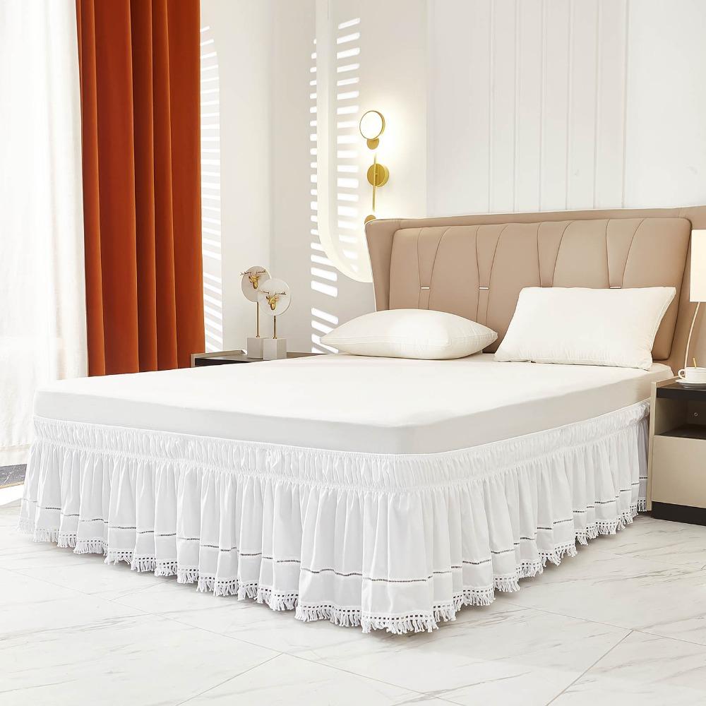 Practical Elastic White Fringed Bed Skirt Ruffled Stretchable Under-bed Covering Skirt Dust-proof Romantic Bedspread Hotel