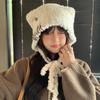 Cute Cartoon Bear Ears Ear Protector Wool Hat Women's Autumn and Winter Warm Button Decorative Knitted Pullover Hat Lei Feng Hat