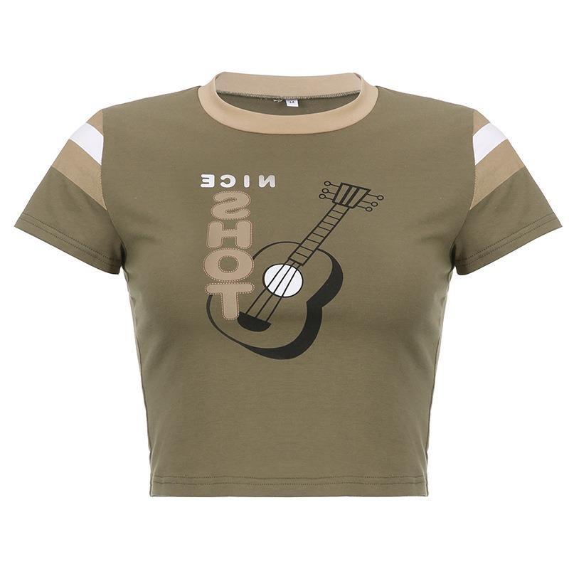 

Футболка с круглым вырезом и принтом гитары Y2K, короткая, повседневная, индивидуальная, острая, для девушек, укороченный топ L зелёный