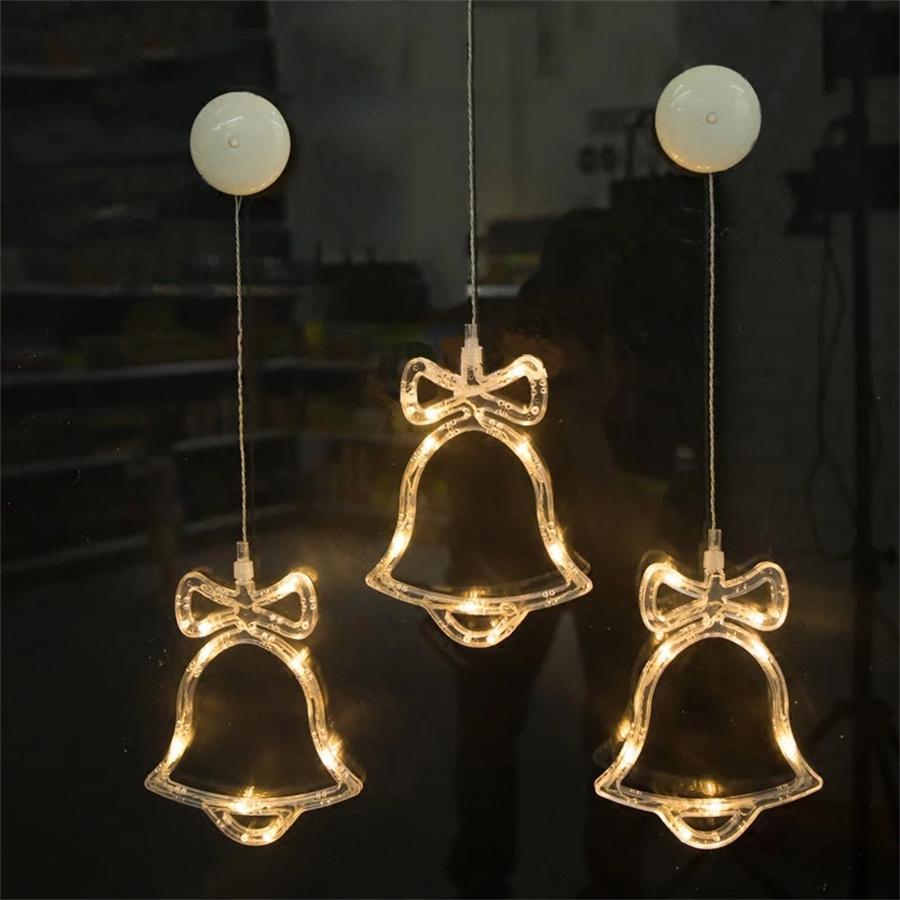 LED Christmas Lights with Suction Cups for Windows Hanging Christmas Lights with Bells Santa Claus Snowflakes for Home Shop Holiday Decor Year 2022