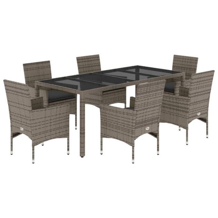 VidaXL Ensemble à manger de jardin et coussins 7 pcs gris rotin verre, ensemble de salle à manger d'extérieur, meuble de 3278559
