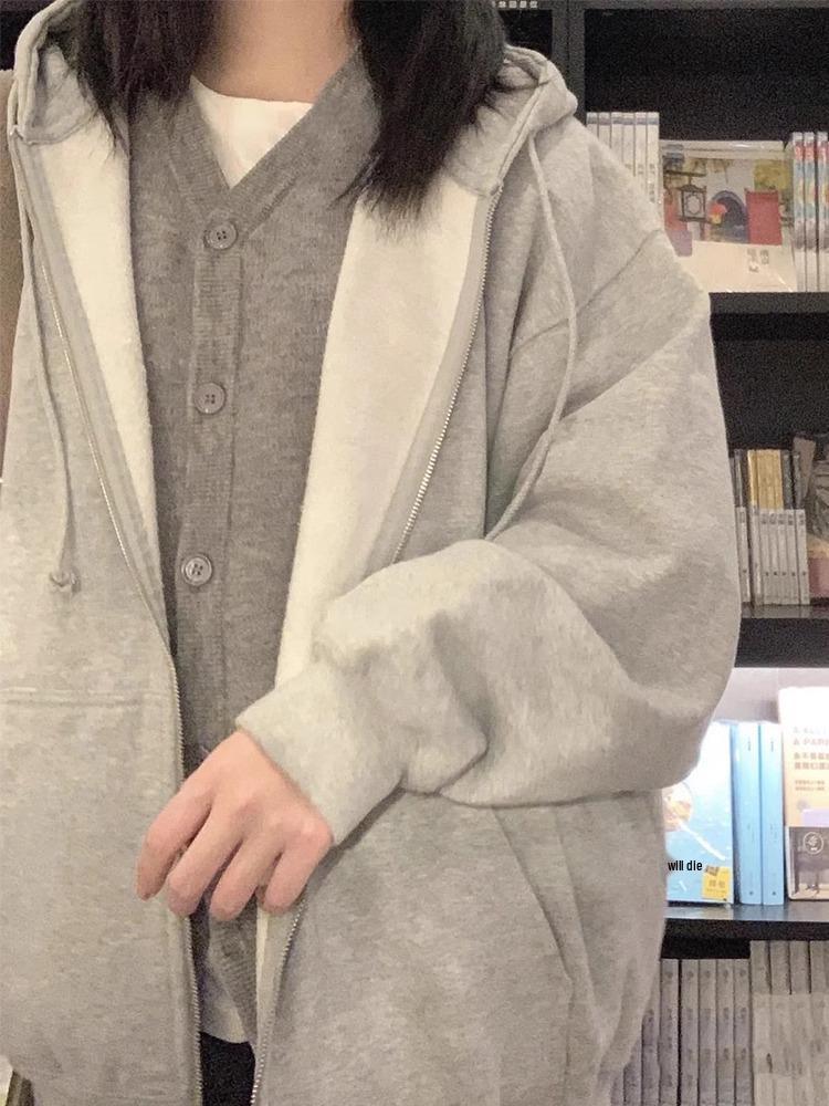 Women's Grey Hooded Fleece Sweatshirt - Slimming Thick Zip-Up Cardigan for Autumn/Winter 2025