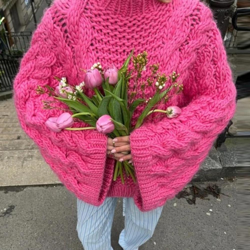 Свободный трикотажный свитер для женщин, повседневный ленивый свитер с круглым вырезом, женский, осень-зима 2024 года, свободные рукава, трикотаж для женщин S розы красного