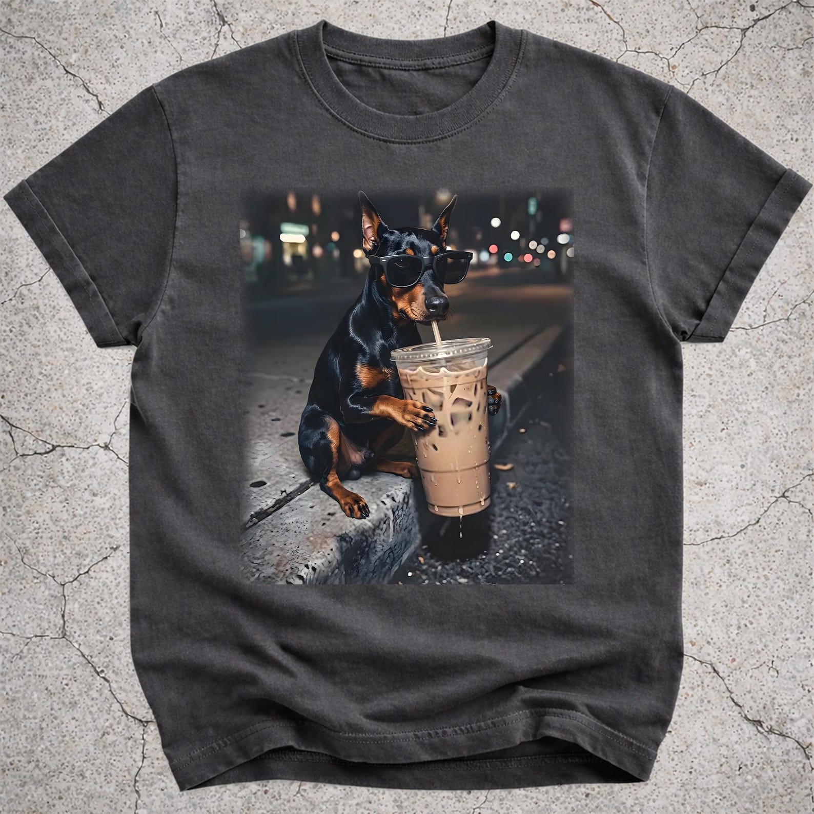 Funny Doberman Drinking Iced Coffee Shirt, Animal Meme Tee, Dog Mom Gift 2XL