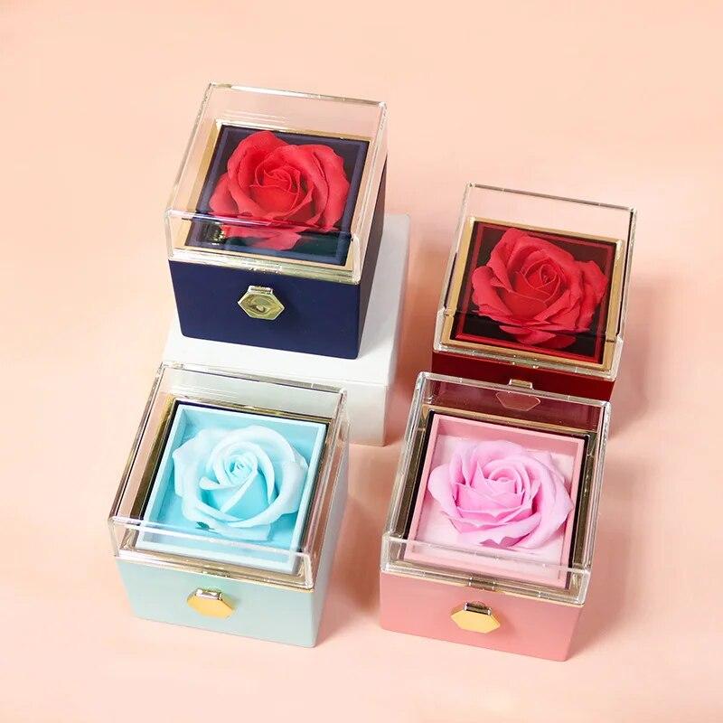 Rotation Rose Jewelry Gift Box Valentine's Day Acrylic Ring Boxes Necklace Storage Display Rack