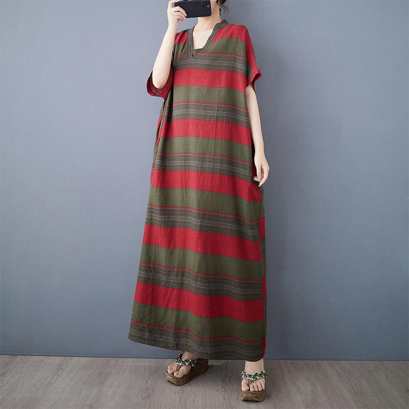 

Dimanaf Женское 2025 Plus Size Летнее повседневное базовое платье Винтажное свободное длинное платье Макси-полоска Новое белье One Size зелёный