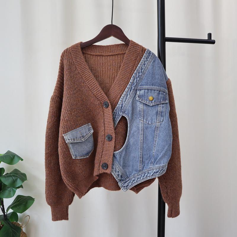 

Осень и зима новый свободный короткий джинсовый свитер-жакет с нашивками, нишевый вязаный кардиган для женщин с чувством дизайна One size